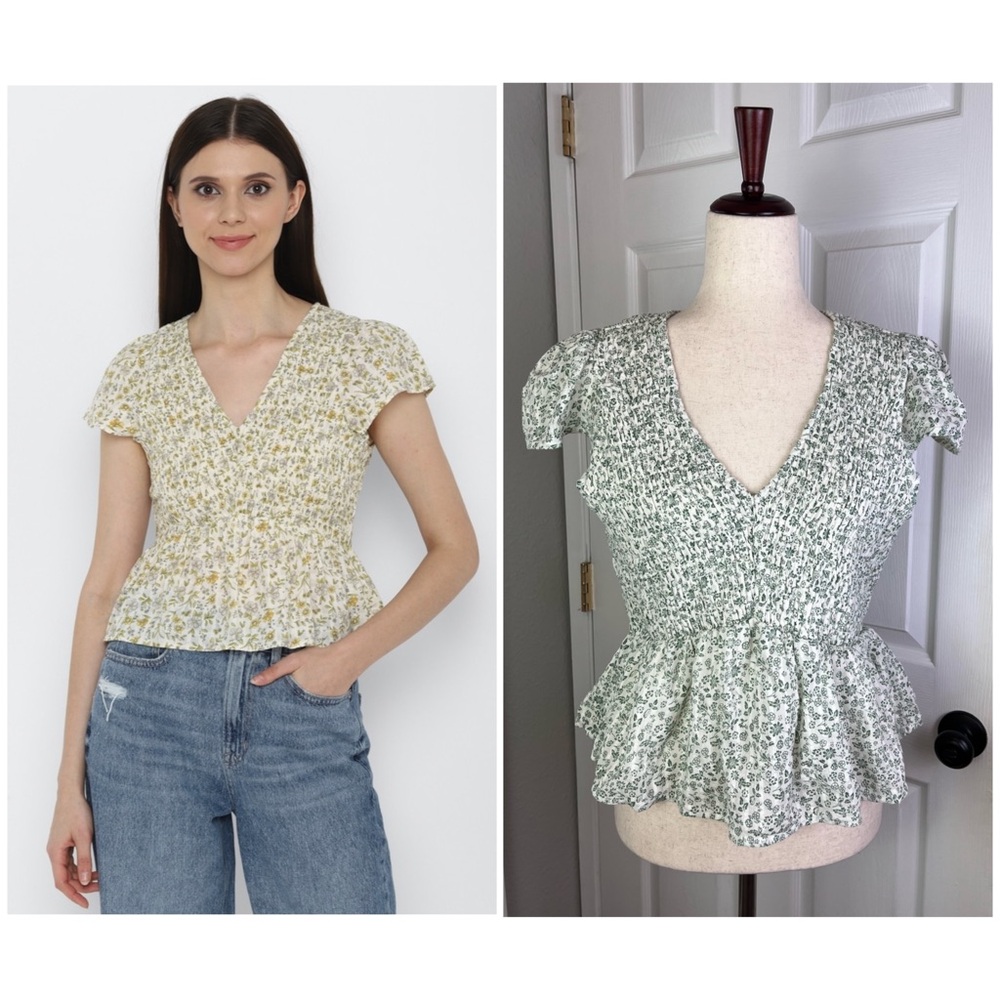AE Smocked Neck Babydoll Blouse (green floral)